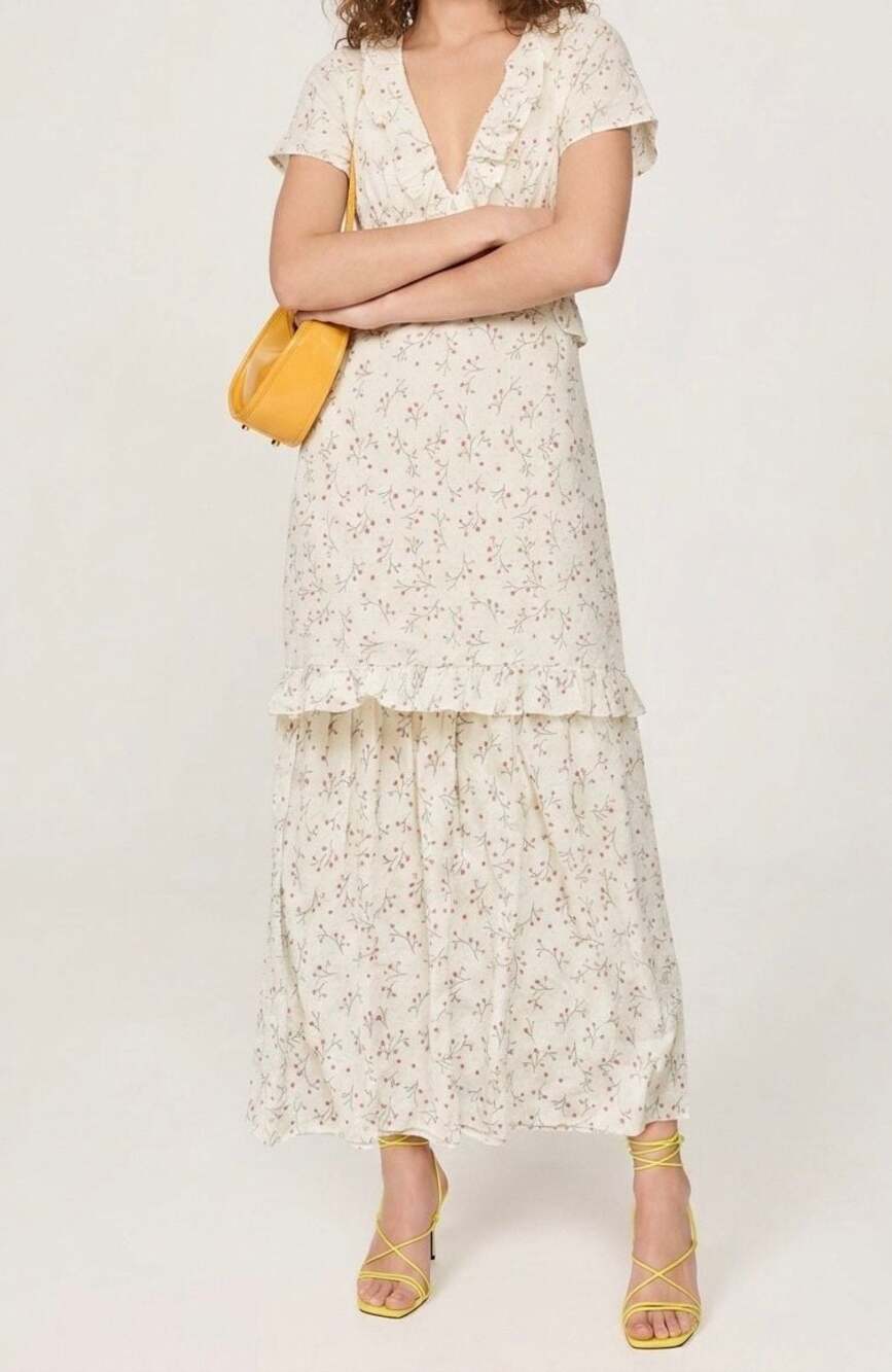 BCBGeneration Cream Ditsy Floral Ruffle Tiered Maxi Dress